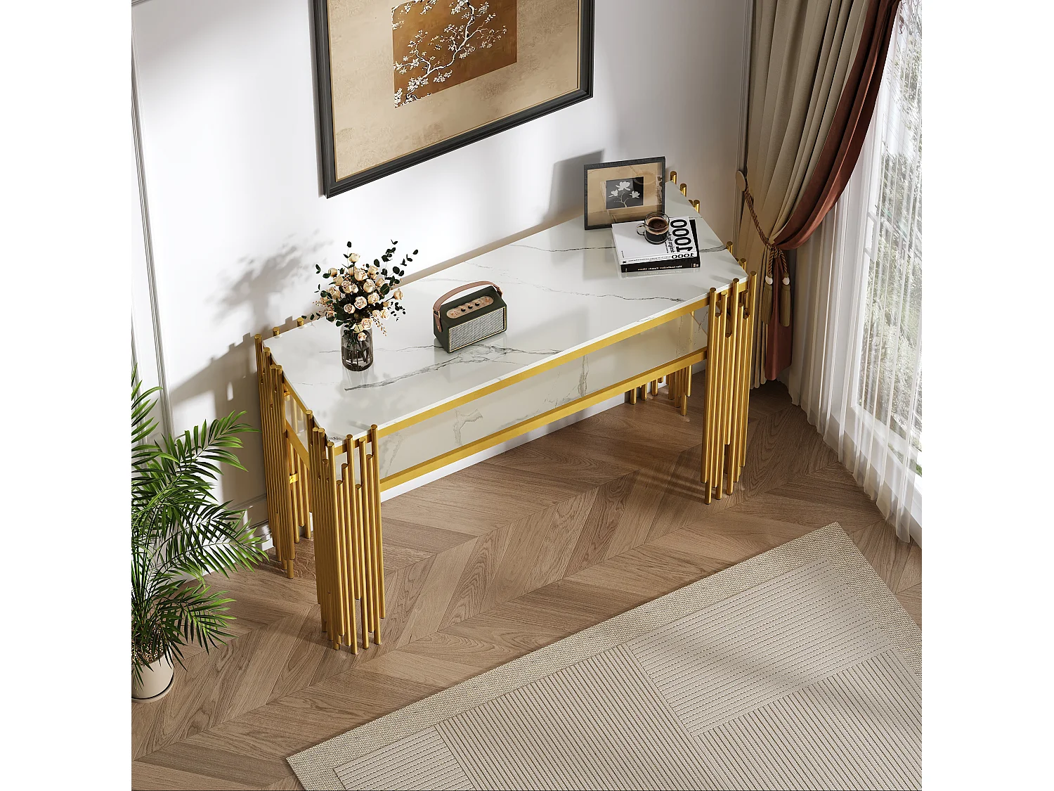 Table console contemporaine 124x44x80cm - MDF - Blanc + Or