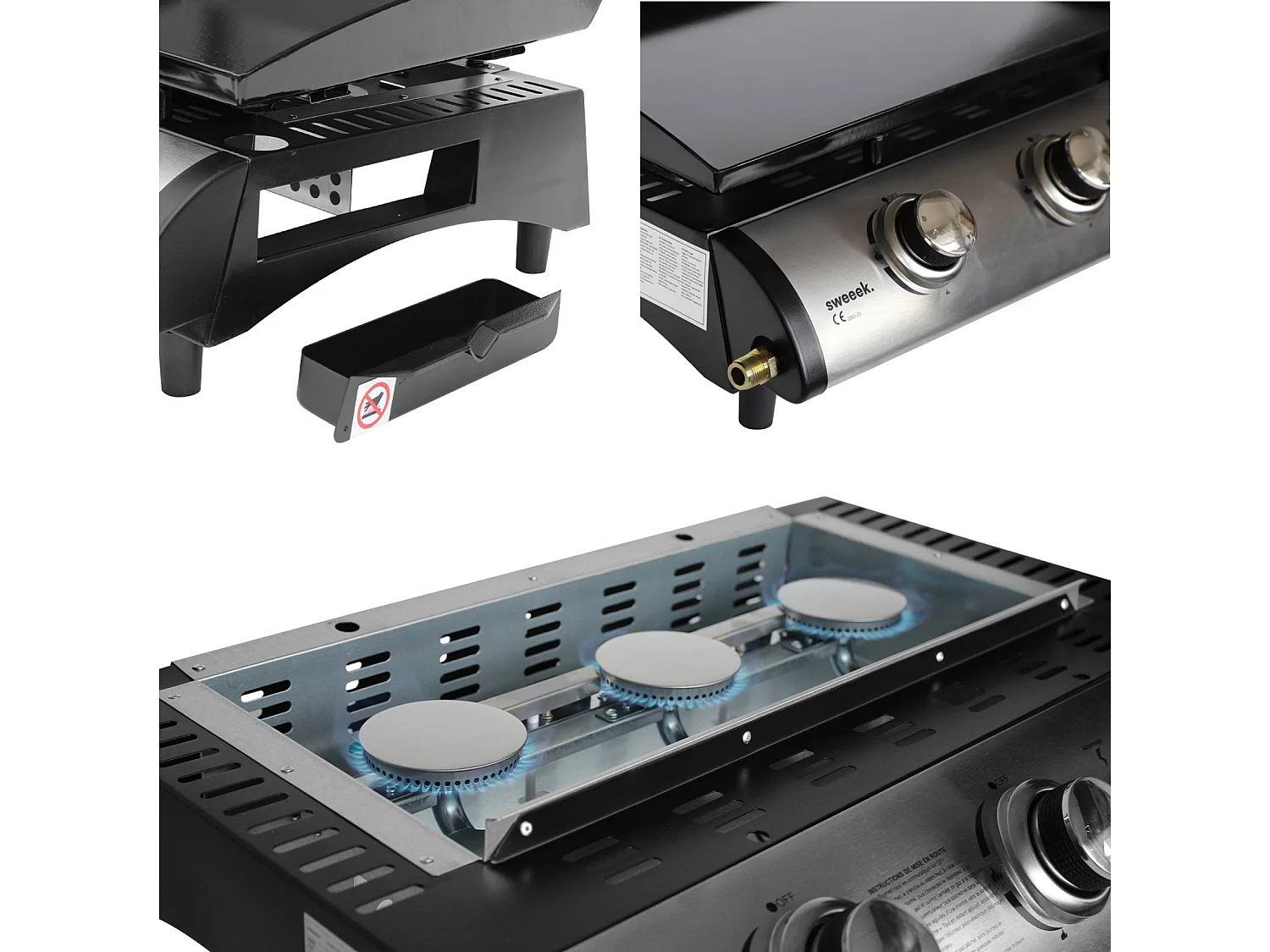 Plancha au gaz 3 brûleurs sur chariot - Porthos - 7.55kW. plancha à gaz avec desserte . cuisine extérieure. plaque émaillée. inox. barbecue