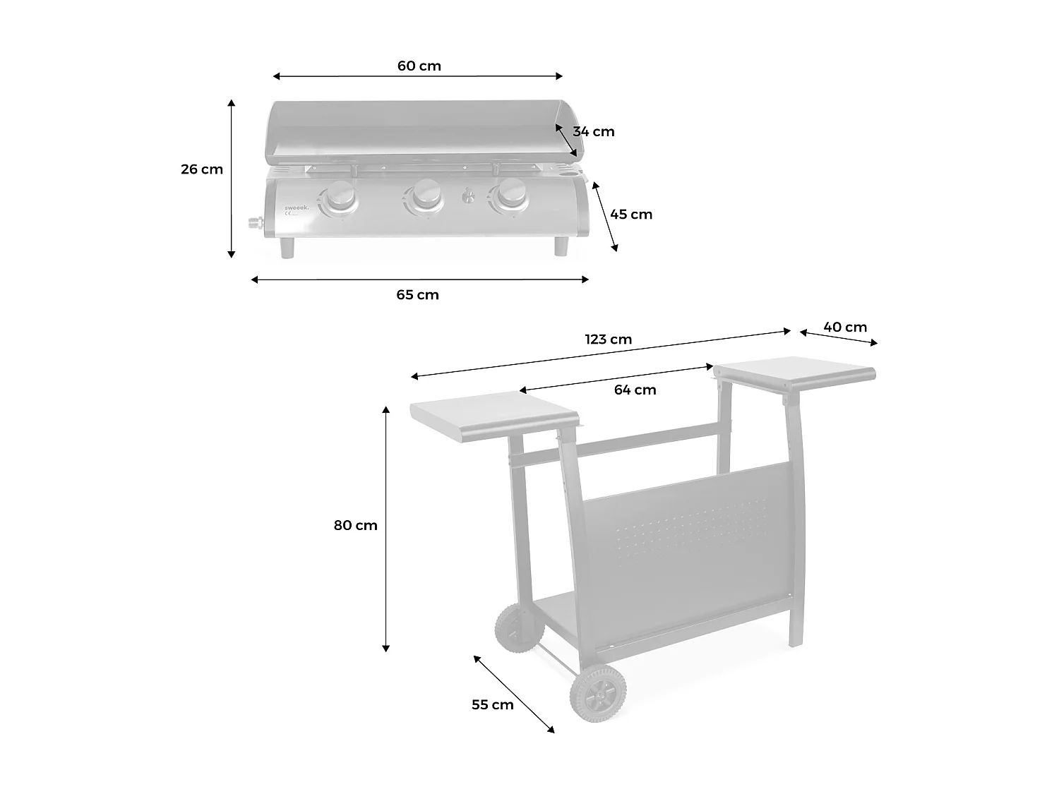 Plancha au gaz 3 brûleurs sur chariot - Porthos - 7.55kW. plancha à gaz avec desserte . cuisine extérieure. plaque émaillée. inox. barbecue