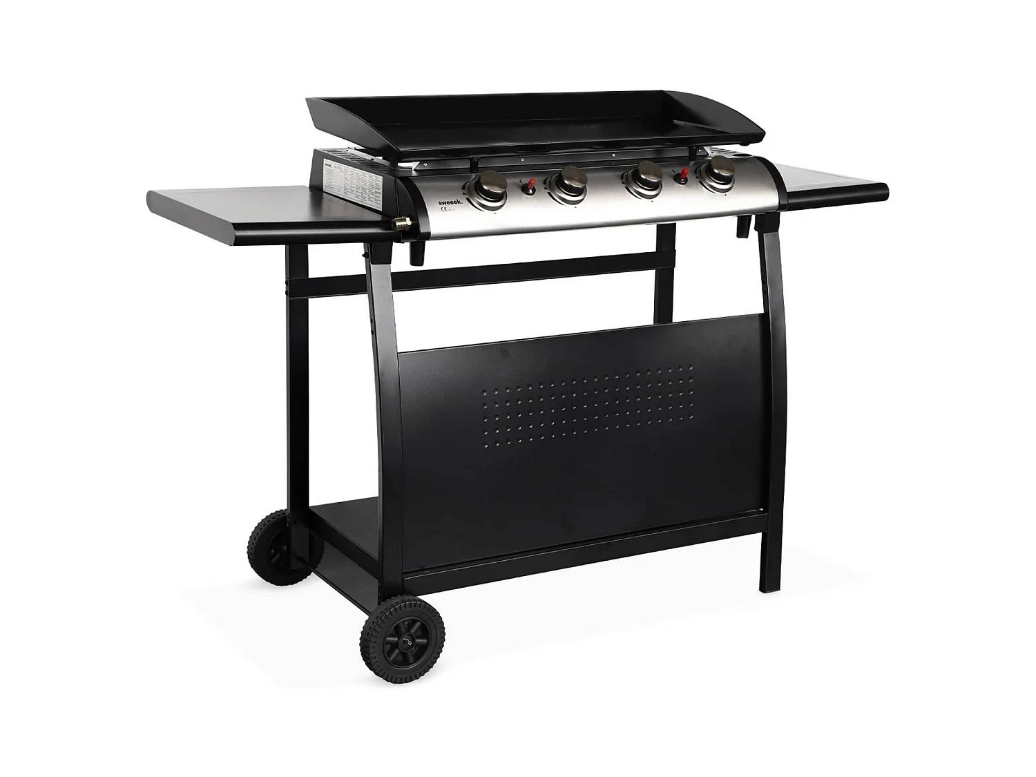 Plancha au gaz 4 brûleurs sur chariot - Porthos - 10kW. plancha à gaz avec desserte . cuisine extérieure. plaque émaillée. inox. barbecue