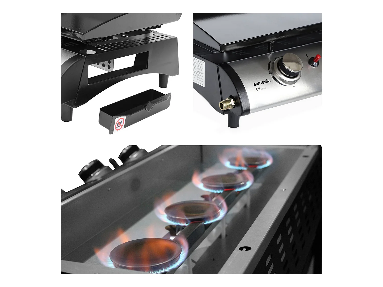 Plancha au gaz 4 brûleurs sur chariot - Porthos - 10kW. plancha à gaz avec desserte . cuisine extérieure. plaque émaillée. inox. barbecue