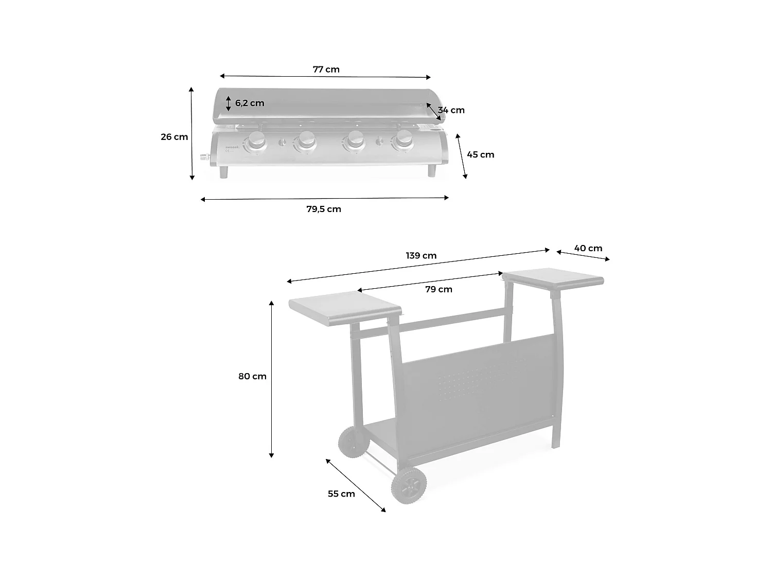 Plancha au gaz 4 brûleurs sur chariot - Porthos - 10kW. plancha à gaz avec desserte . cuisine extérieure. plaque émaillée. inox. barbecue