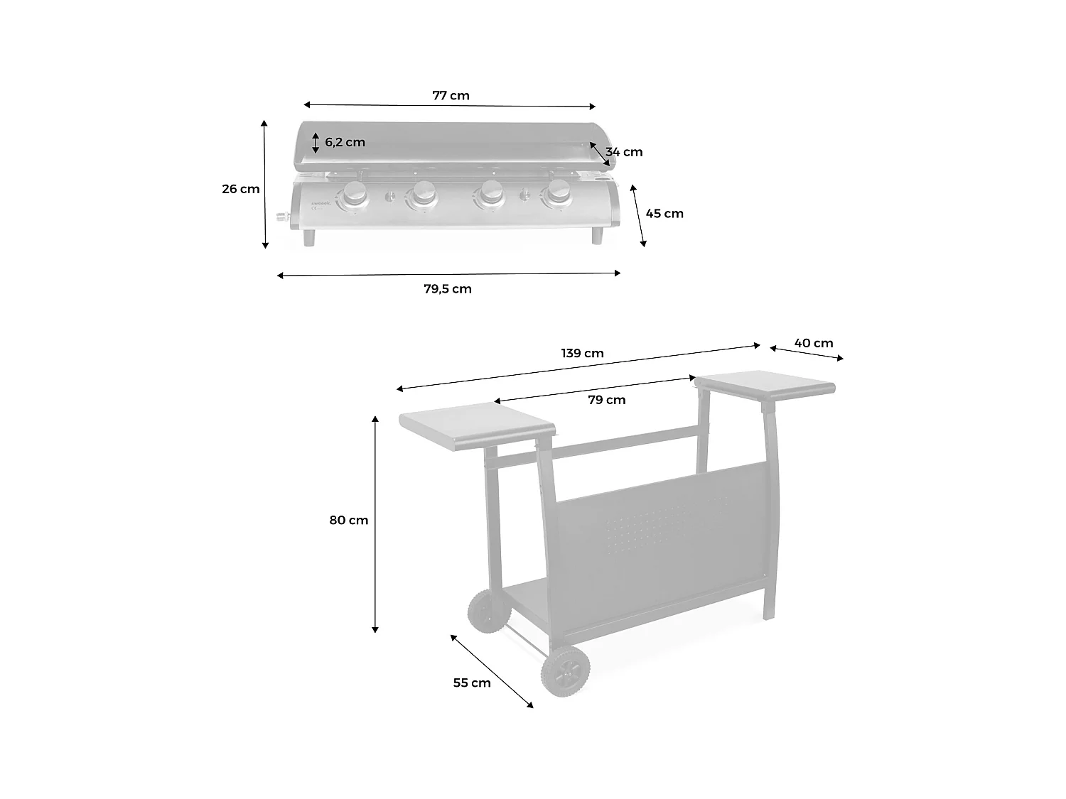 Plancha au gaz 4 brûleurs sur chariot - Porthos - 10kW. plancha à gaz avec desserte . cuisine extérieure. plaque émaillée. inox. barbecue