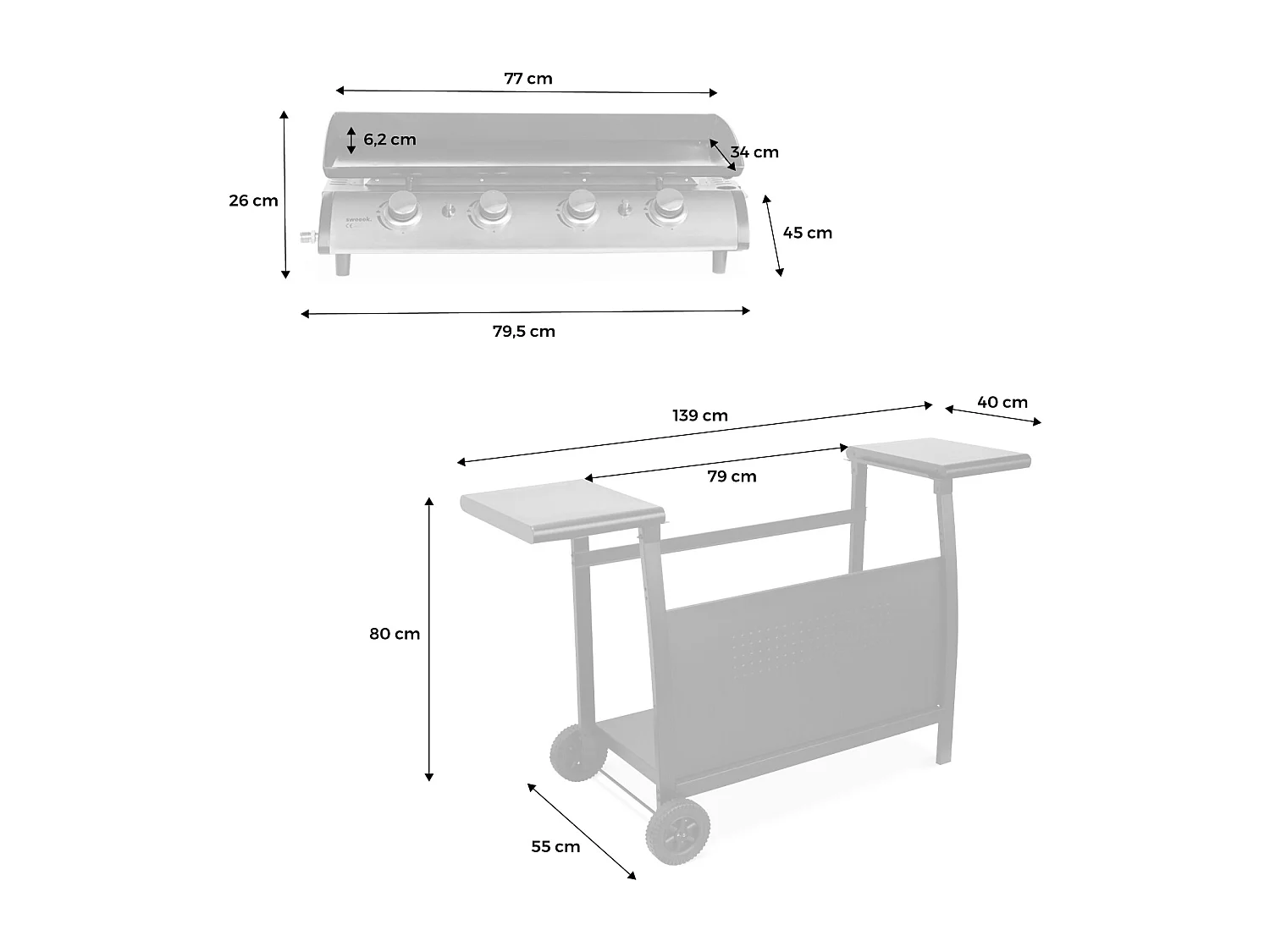 Griglia a gas a 4 fuochi in acciaio inox da 10 kw con carrello, nero