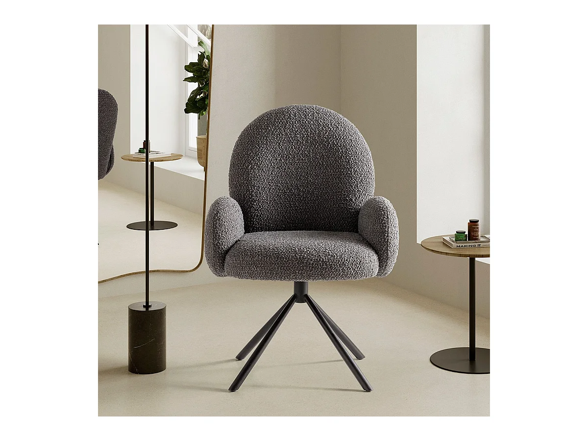 Fauteuil de table pivotant en tissu bouclé gris foncé - Opaline