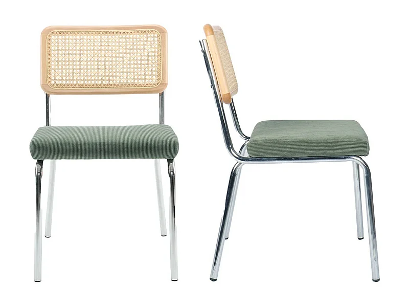 Lot de 2 chaises en métal chromé, cannage naturel et velours côtelé vert - Paula
