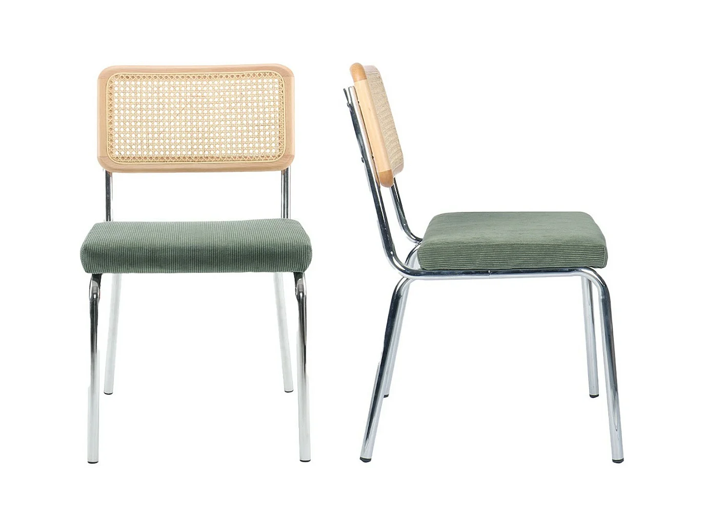 Lot de 2 chaises en métal chromé, cannage naturel et velours côtelé vert - Paula