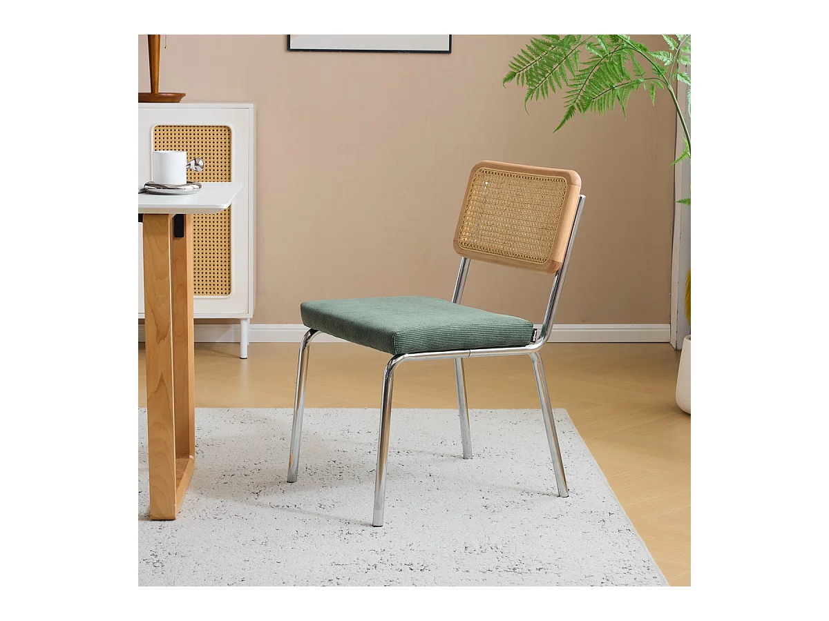Lot de 2 chaises en métal chromé, cannage naturel et velours côtelé vert - Paula