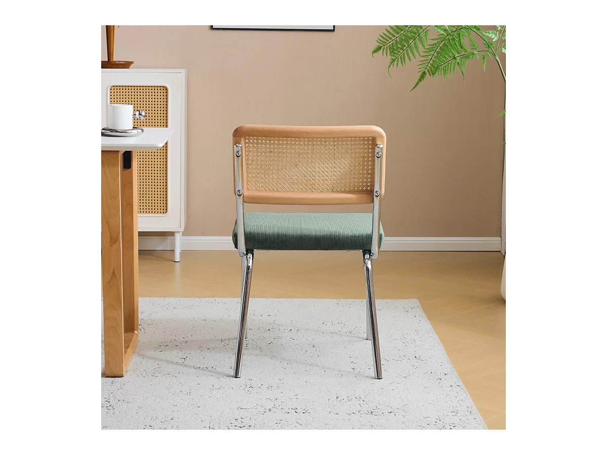 Lot de 2 chaises en métal chromé, cannage naturel et velours côtelé vert - Paula