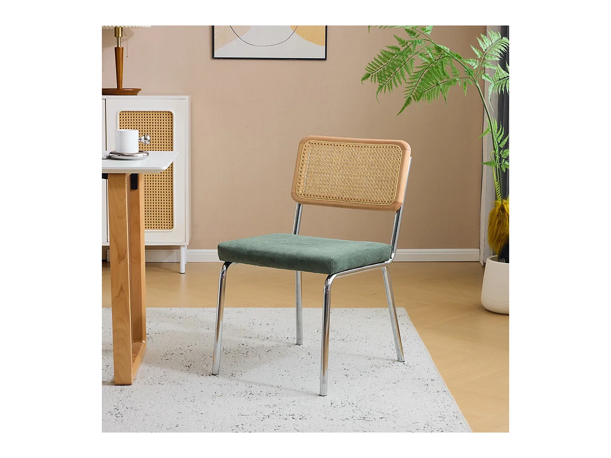 Lot de 2 chaises en métal chromé, cannage naturel et velours côtelé vert - Paula