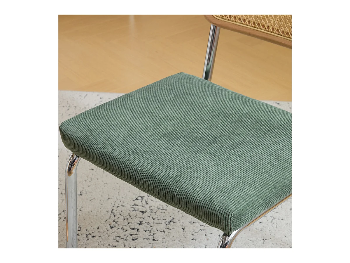 Lot de 2 chaises en métal chromé, cannage naturel et velours côtelé vert - Paula