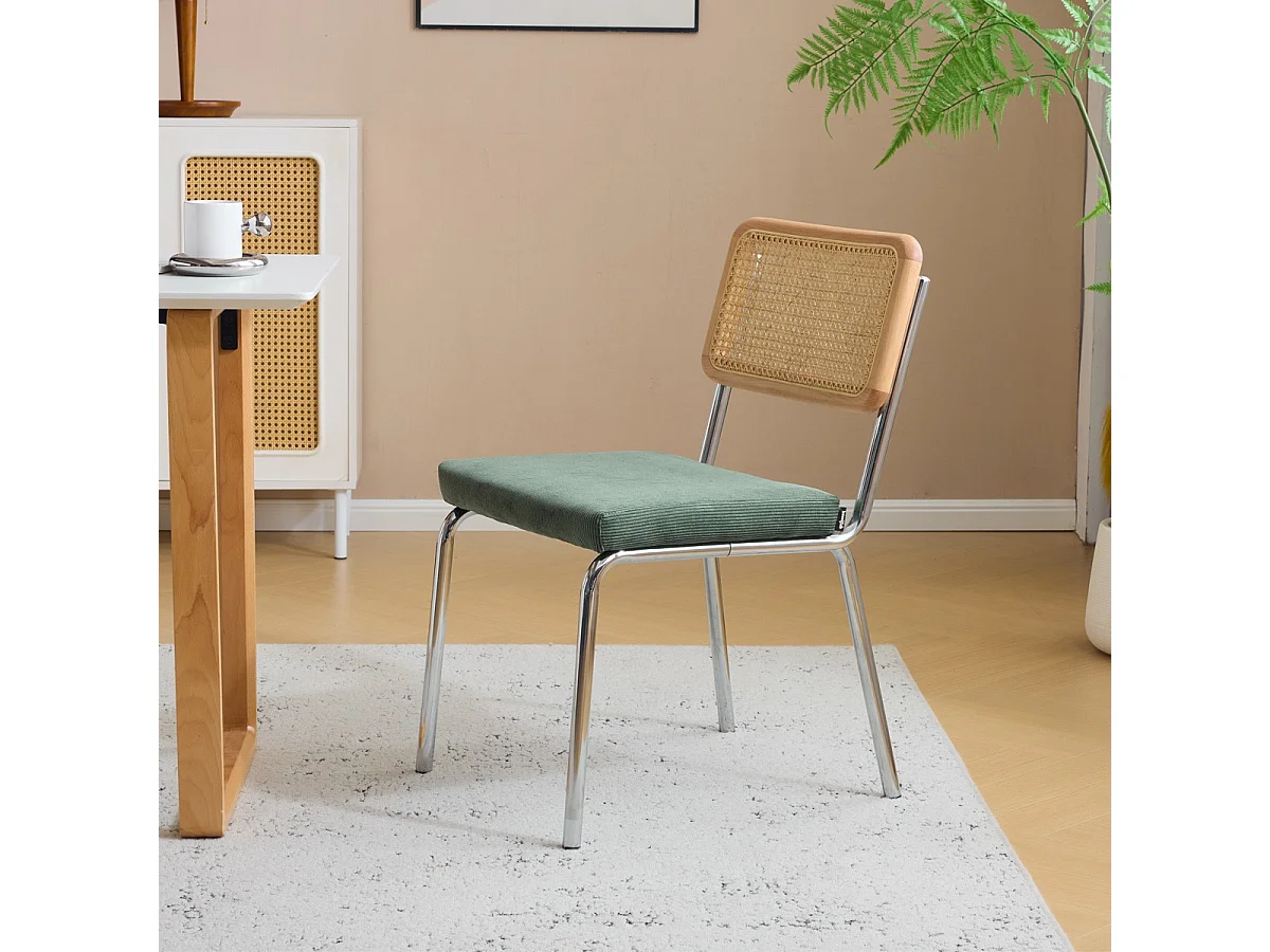 Lot de 2 chaises en métal chromé, cannage naturel et velours côtelé vert - Paula