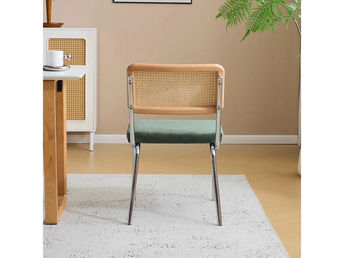 Lot de 2 chaises en métal chromé, cannage naturel et velours côtelé vert - Paula