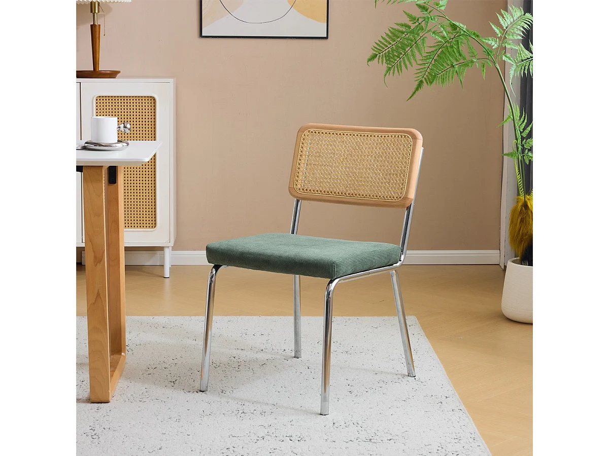 Lot de 2 chaises en métal chromé, cannage naturel et velours côtelé vert - Paula