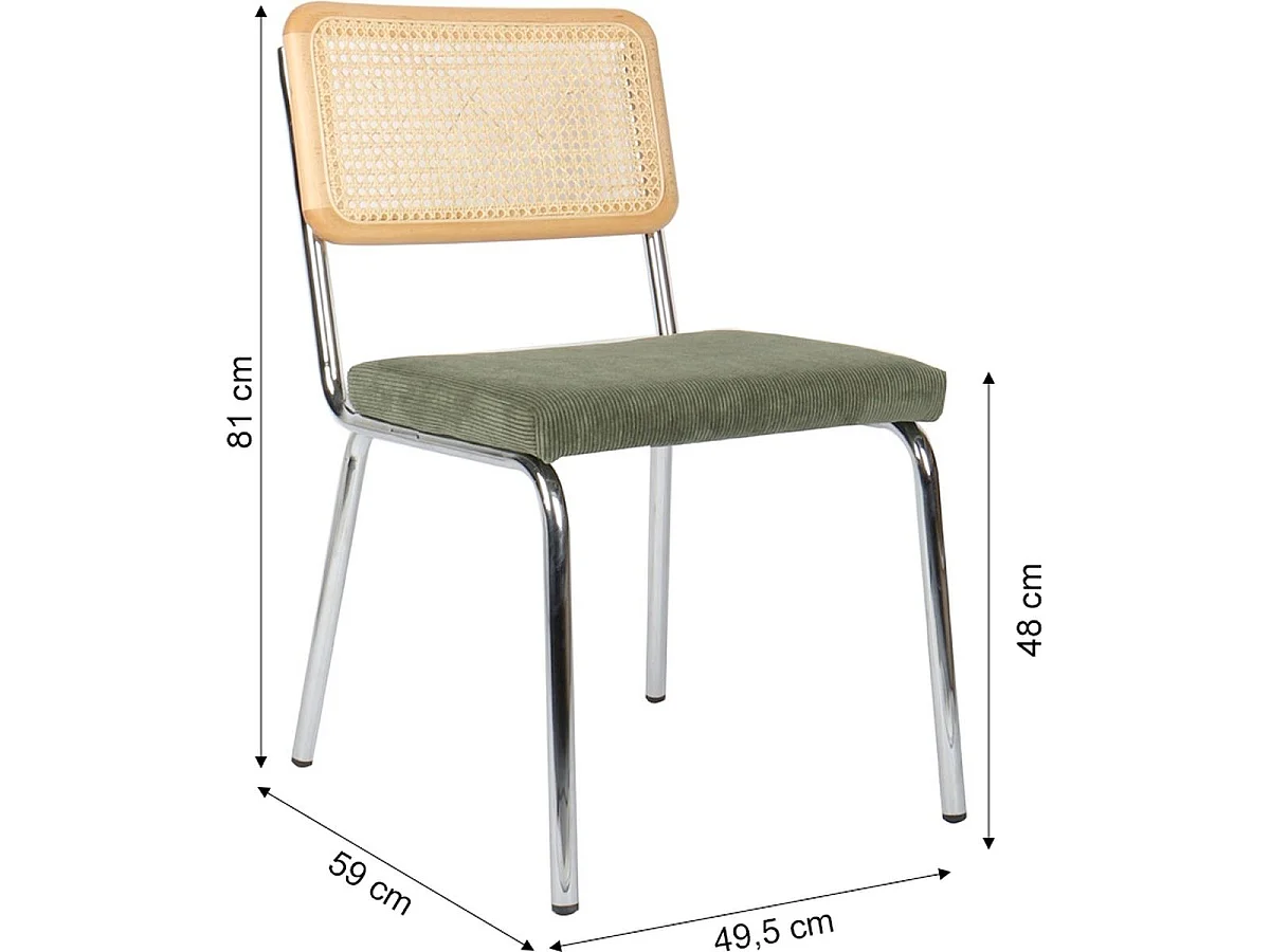 Lot de 2 chaises en métal chromé, cannage naturel et velours côtelé vert - Paula