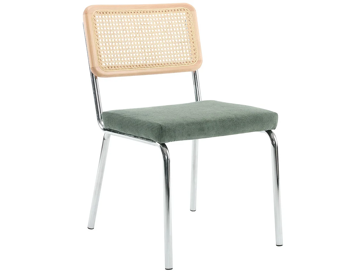 Lot de 2 chaises en métal chromé, cannage naturel et velours côtelé vert - Paula