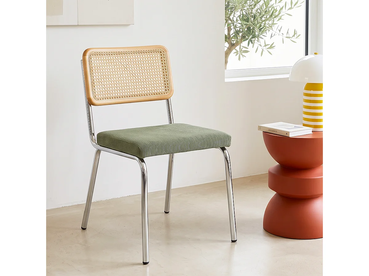 Lot de 2 chaises en métal chromé, cannage naturel et velours côtelé vert - Paula