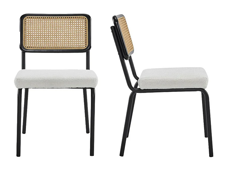 Lot de 2 chaises en métal et bois noir, cannage naturel et tissu bouclé écru - Paula