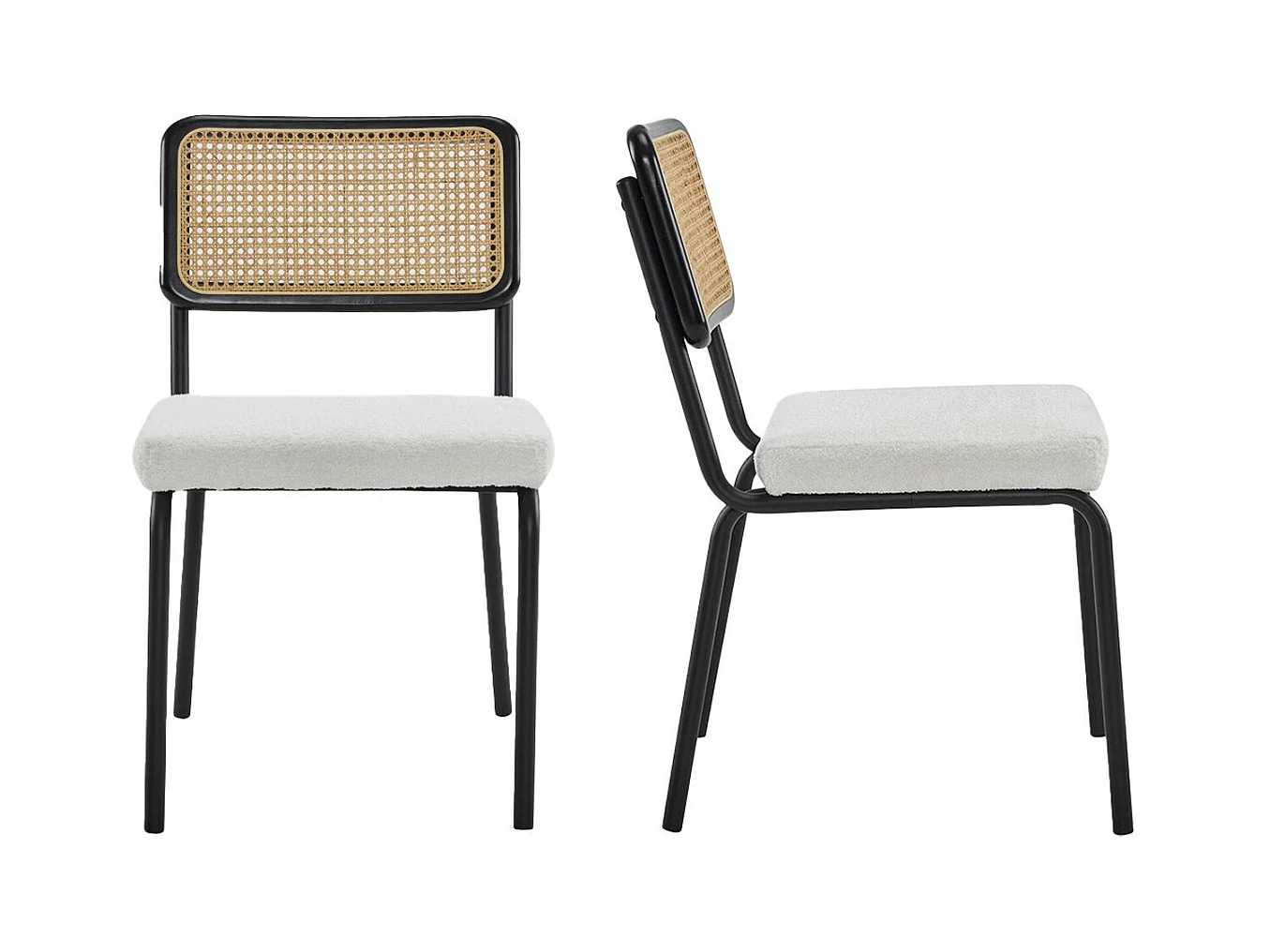 Lot de 2 chaises en métal et bois noir, cannage naturel et tissu bouclé écru - Paula