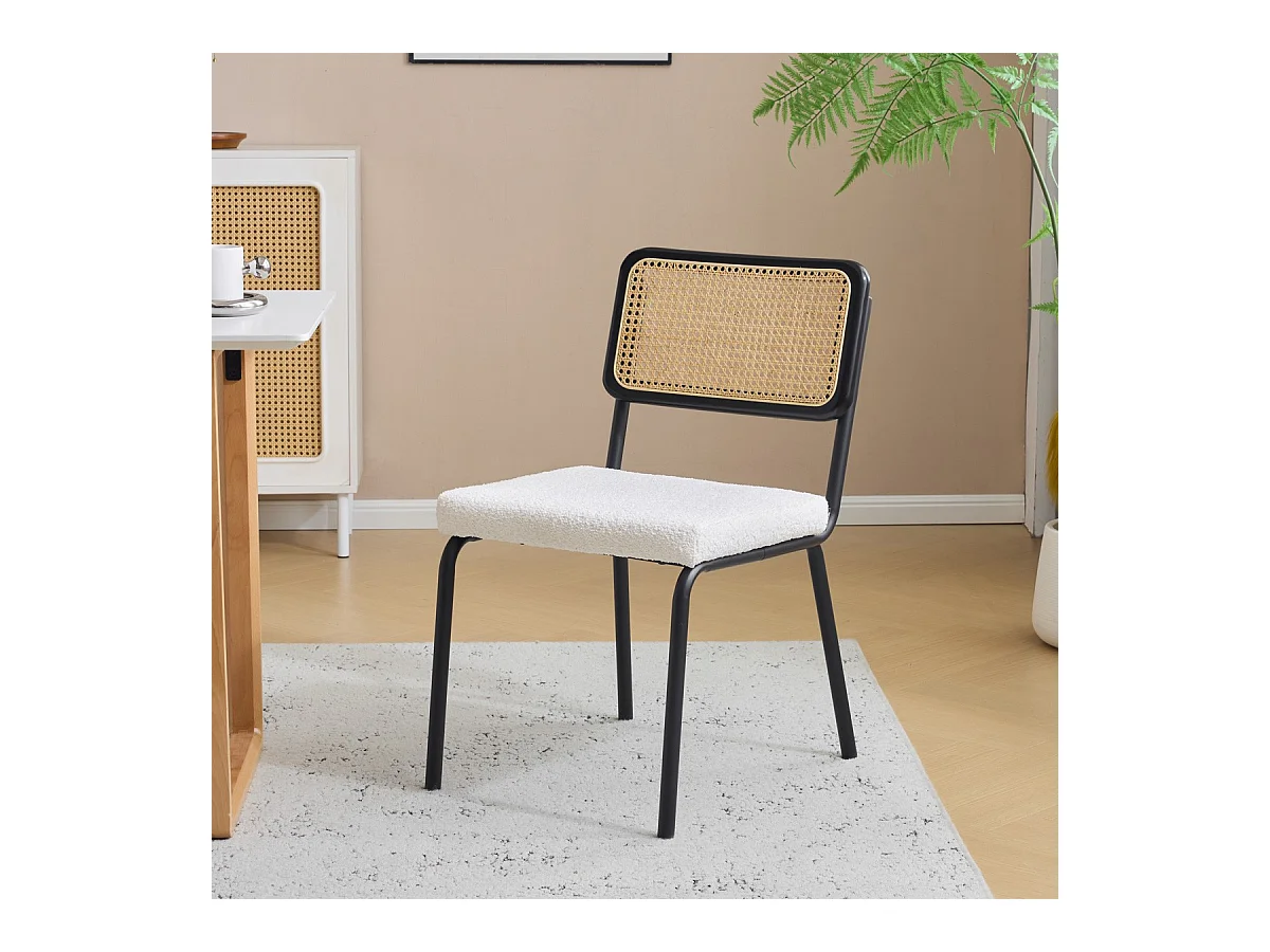 Lot de 2 chaises en métal et bois noir, cannage naturel et tissu bouclé écru - Paula