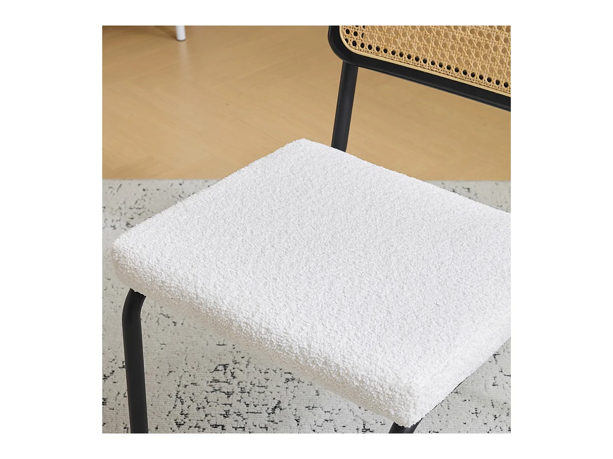 Lot de 2 chaises en métal et bois noir, cannage naturel et tissu bouclé écru - Paula