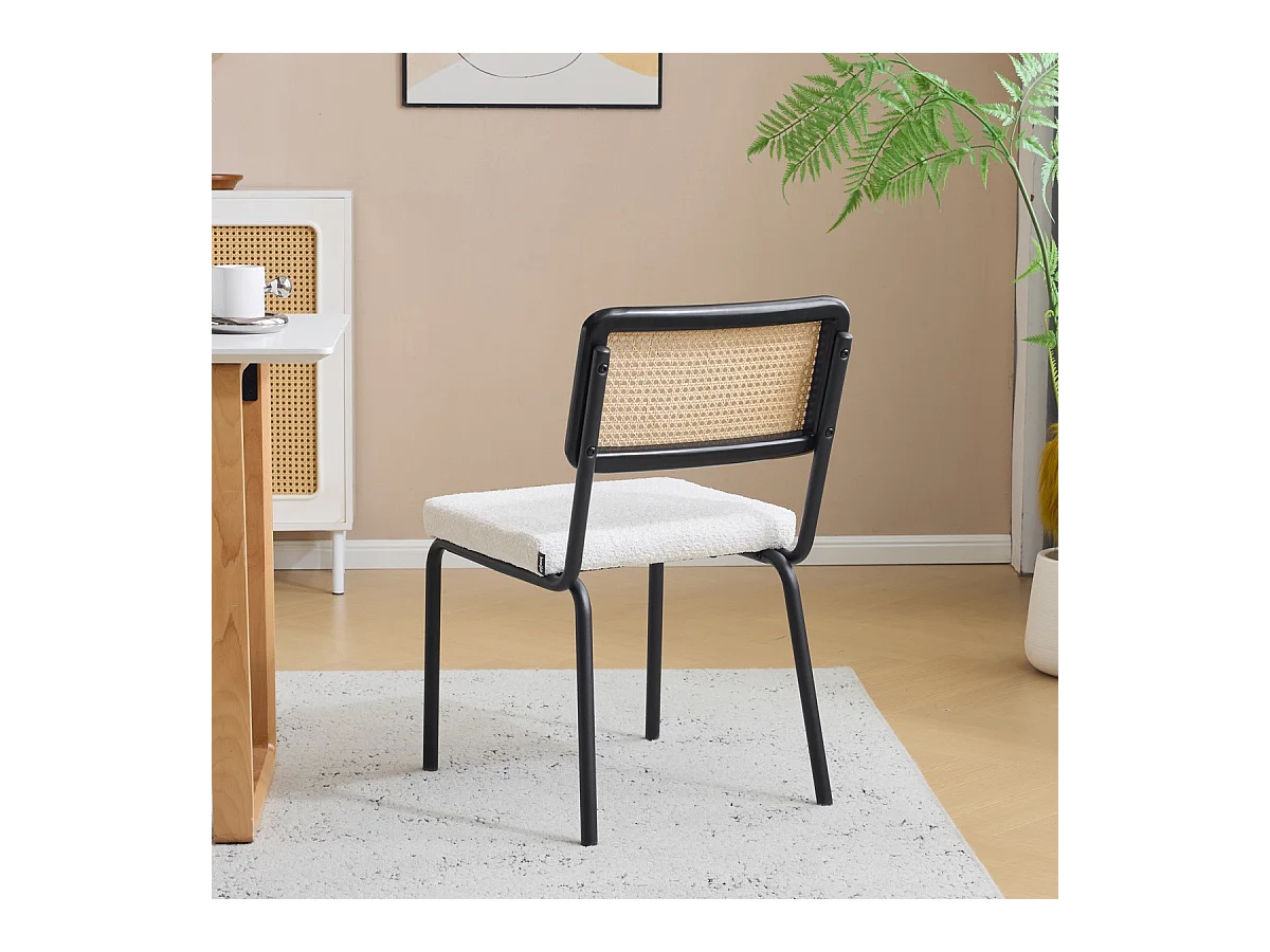 Lot de 2 chaises en métal et bois noir, cannage naturel et tissu bouclé écru - Paula