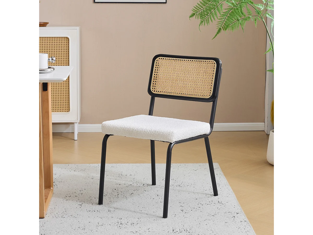 Lot de 2 chaises en métal et bois noir, cannage naturel et tissu bouclé beige - Paula