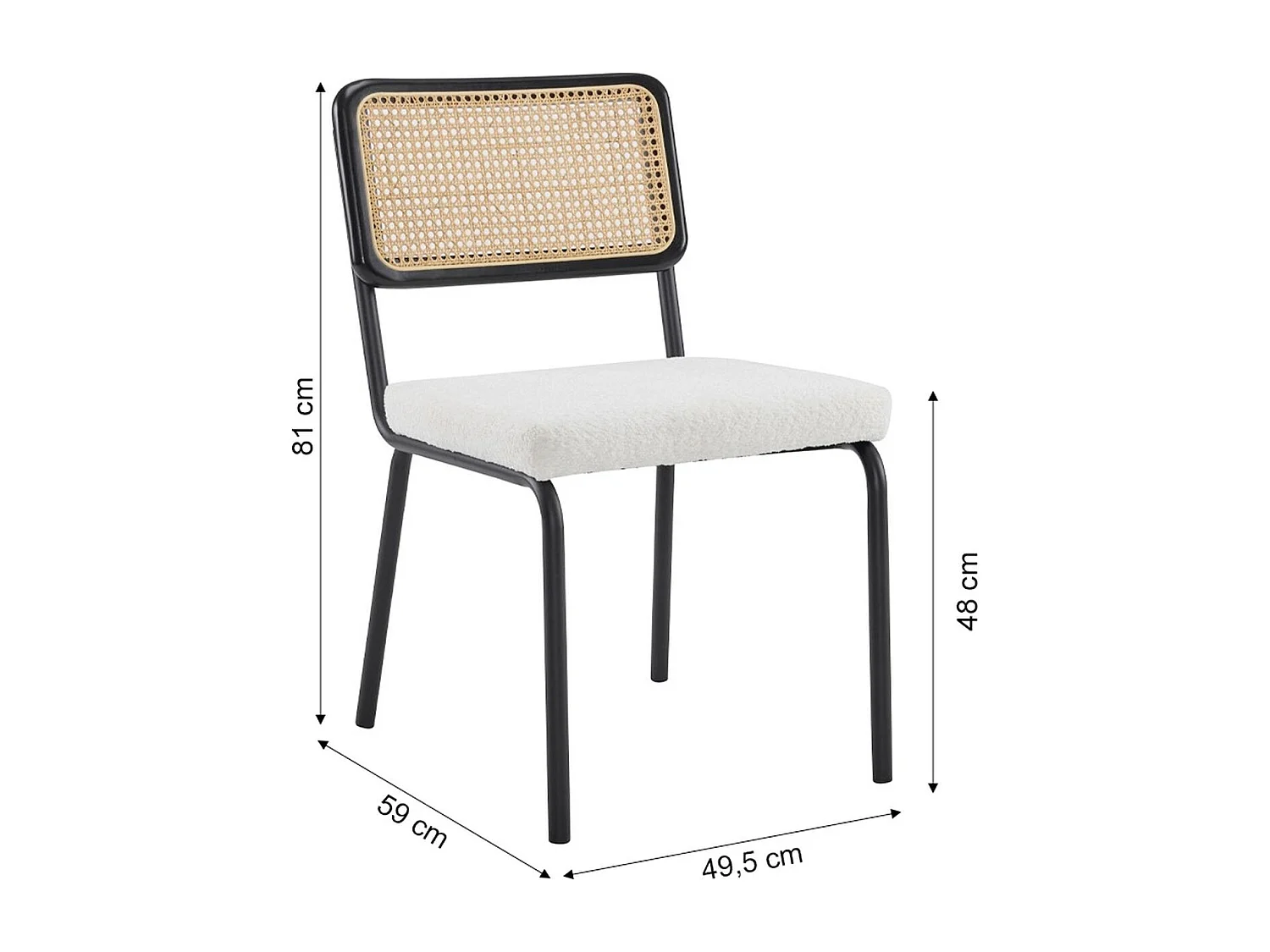 Lot de 2 chaises en métal et bois noir, cannage naturel et tissu bouclé beige - Paula