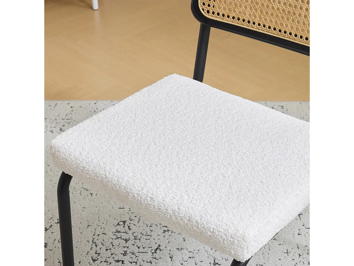 Lot de 2 chaises en métal et bois noir, cannage naturel et tissu bouclé beige - Paula