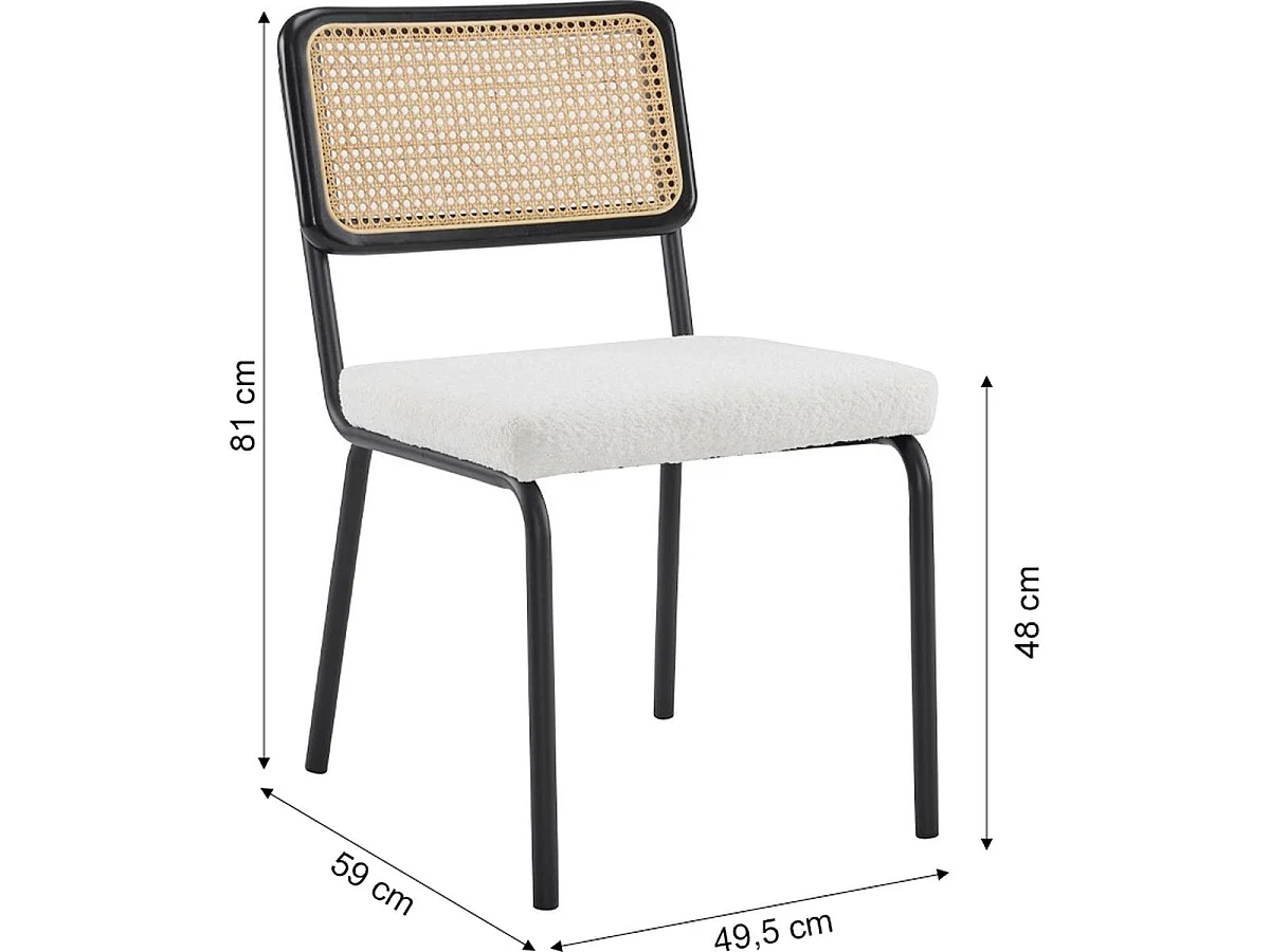 Lot de 2 chaises en métal et bois noir, cannage naturel et tissu bouclé beige - Paula