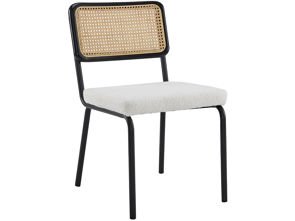 Lot de 2 chaises en métal et bois noir, cannage naturel et tissu bouclé beige - Paula