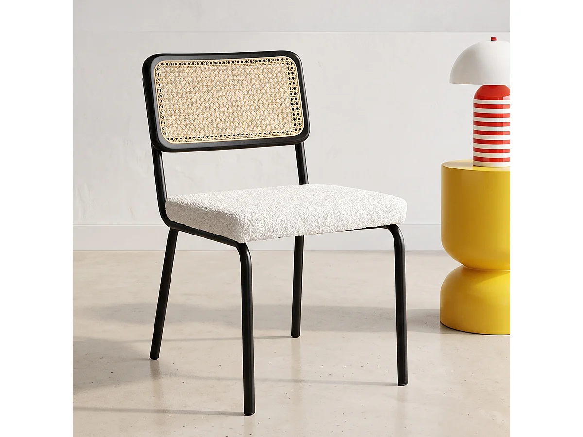 Lot de 2 chaises en métal et bois noir, cannage naturel et tissu bouclé beige - Paula