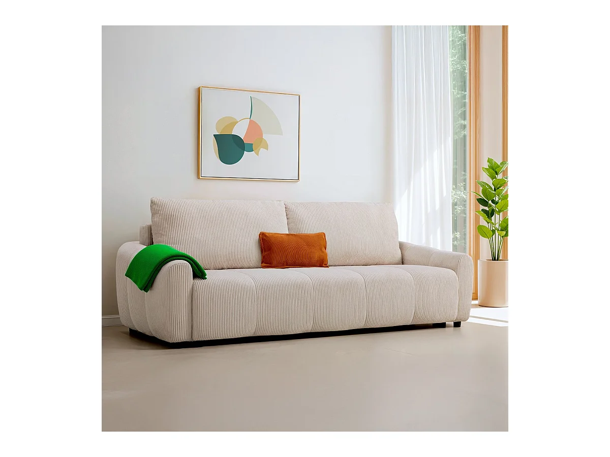 Canapé convertible 3 places en velours côtelé beige - Carla