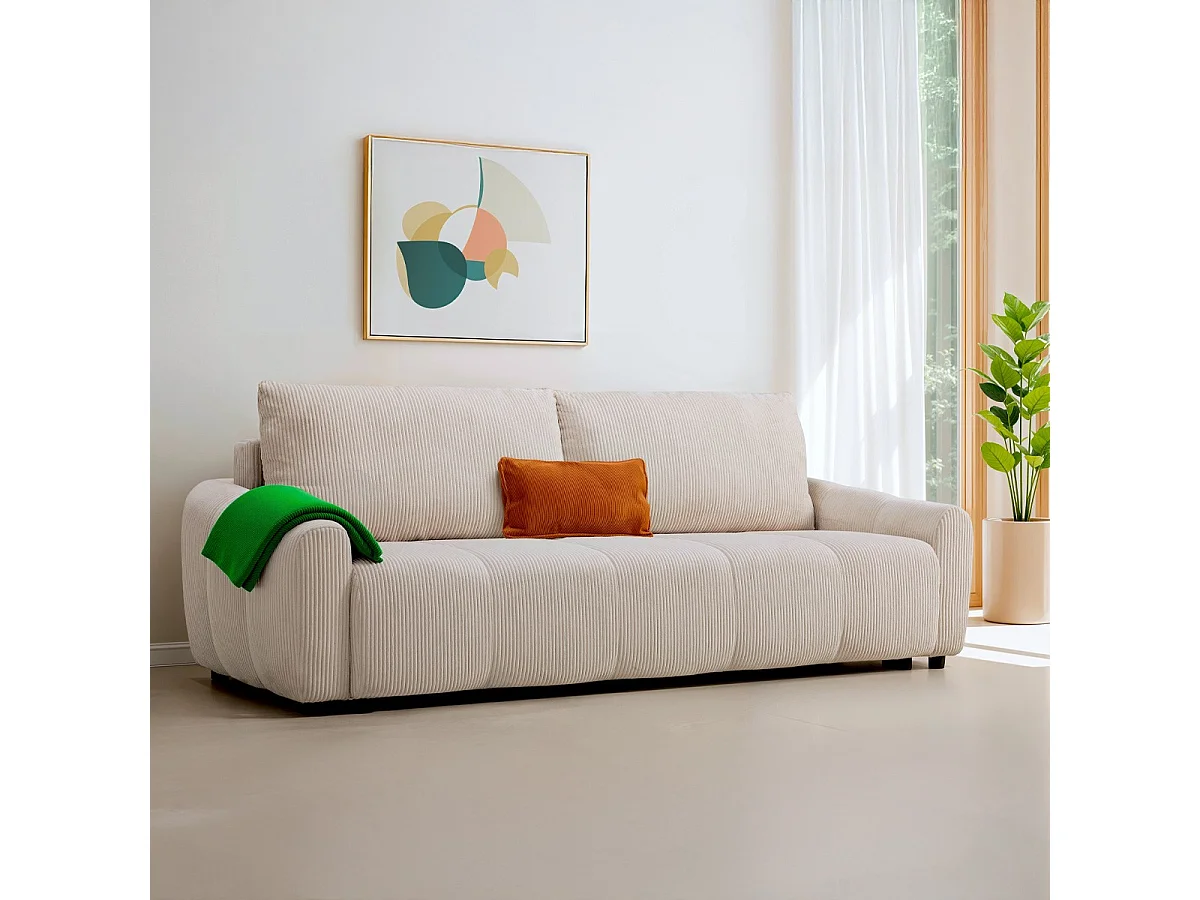 Canapé convertible 3 places en velours côtelé beige - Carla