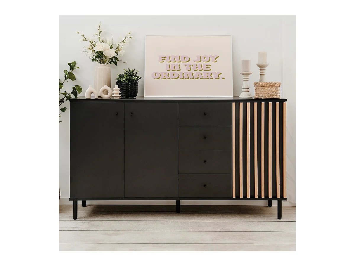 Buffet 3 portes, 4 tiroirs noir et effet chêne - Morgan