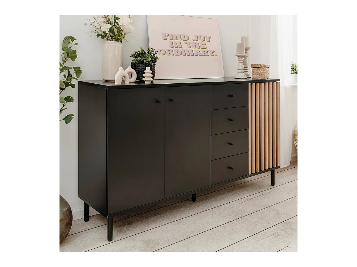 Buffet 3 portes, 4 tiroirs noir et effet chêne - Morgan