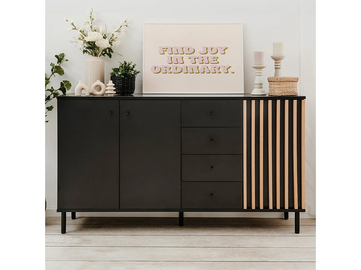 Buffet 3 portes, 4 tiroirs noir et effet chêne - Morgan