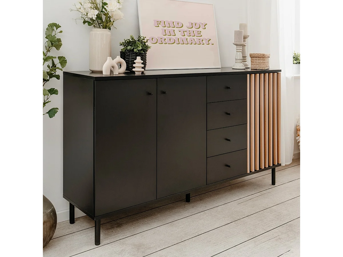 Buffet 3 portes, 4 tiroirs noir et effet chêne - Morgan