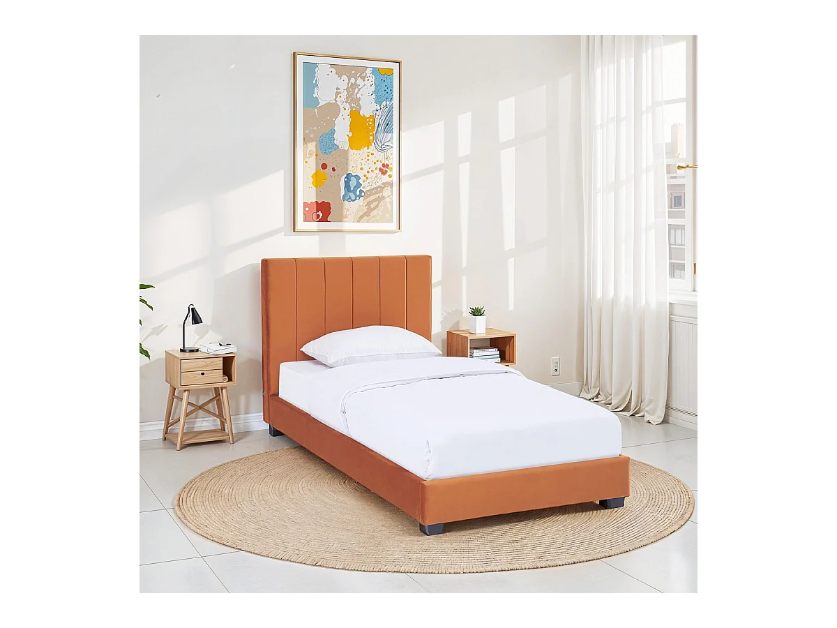 Lit adulte 90x190 cm avec tête de lit capitonnée en velours terracotta - William