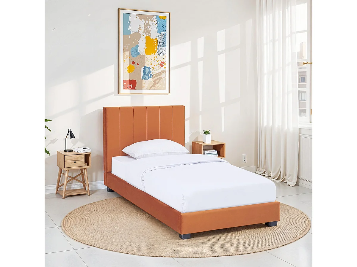 Lit adulte 90x190 cm avec tête de lit capitonnée en velours terracotta - William