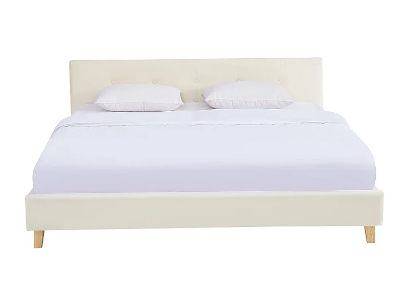 Lit adulte 180x200 cm avec tête de lit capitonnée en velours beige - Milo