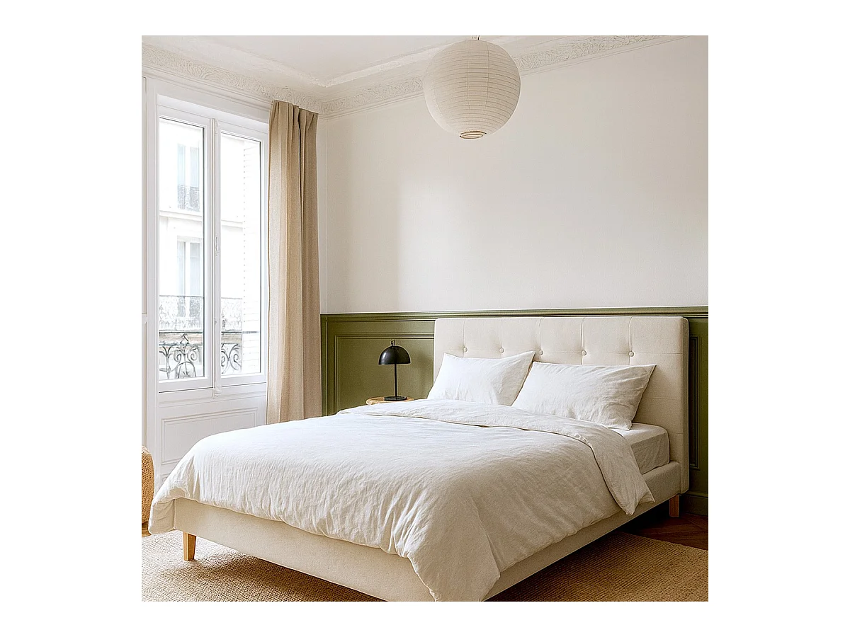Lit adulte 180x200 cm avec tête de lit capitonnée en velours beige - Milo