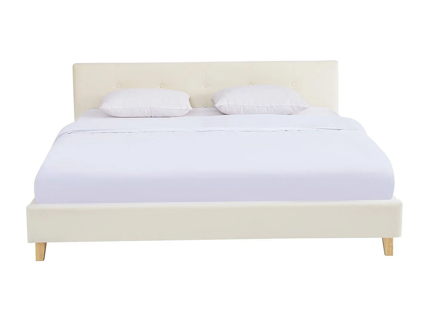 Lit adulte 180x200 cm avec tête de lit capitonnée en velours beige - Milo