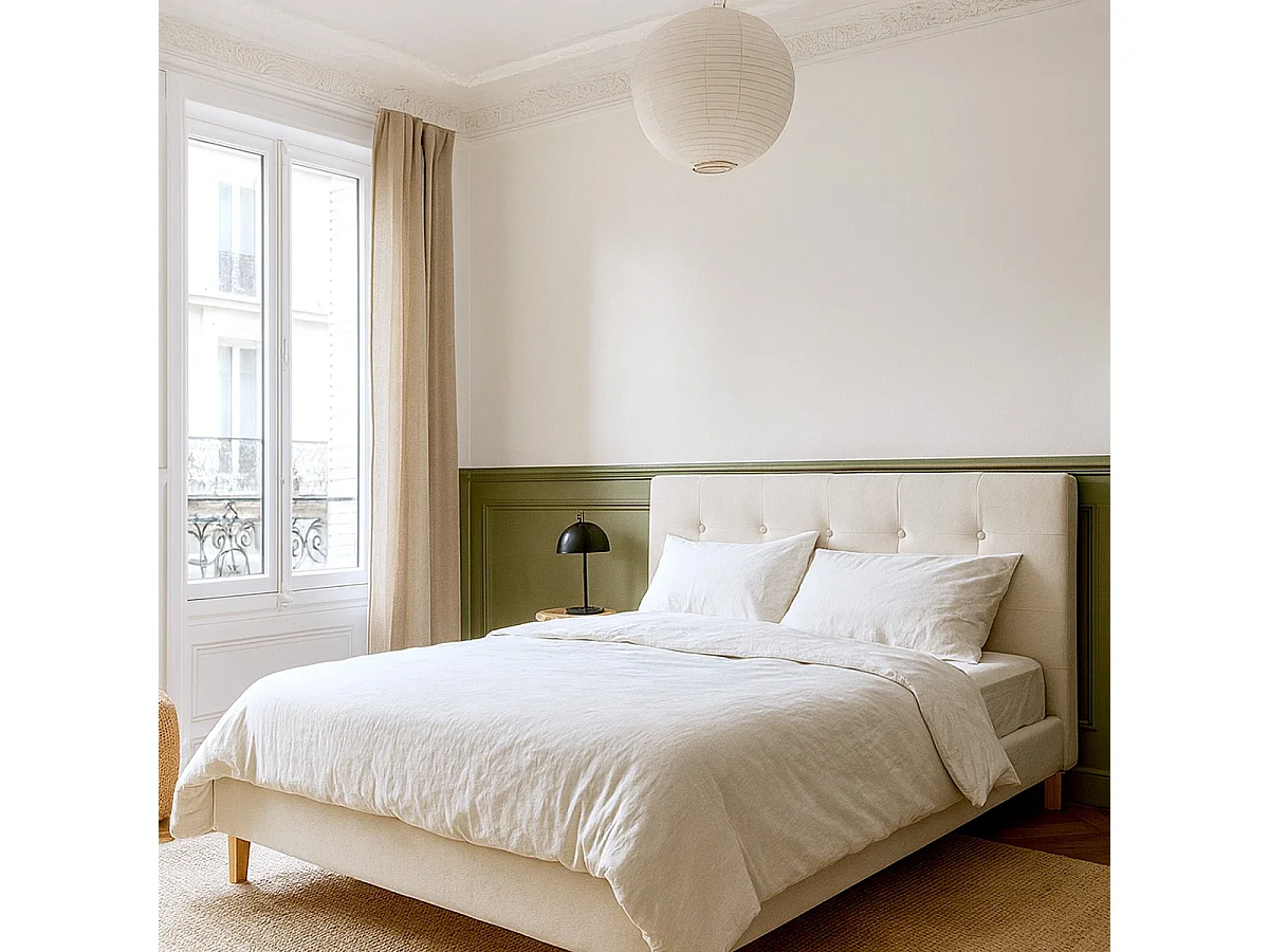 Lit adulte 180x200 cm avec tête de lit capitonnée en velours beige - Milo