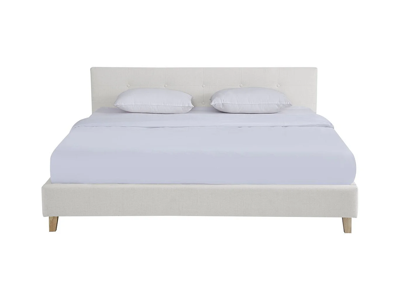 Lit adulte 180x200 cm avec tête de lit capitonnée en tissu beige - Milo