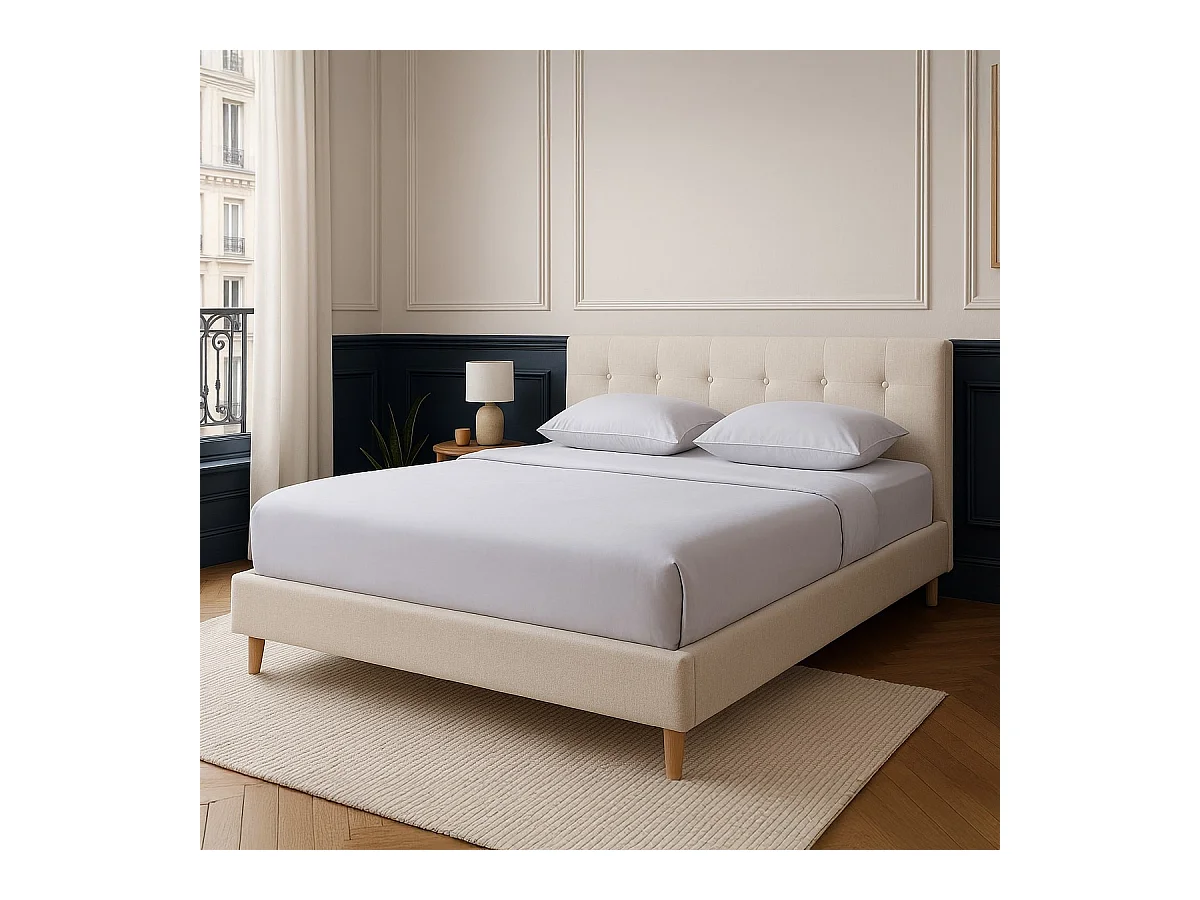 Lit adulte 180x200 cm avec tête de lit capitonnée en tissu beige - Milo