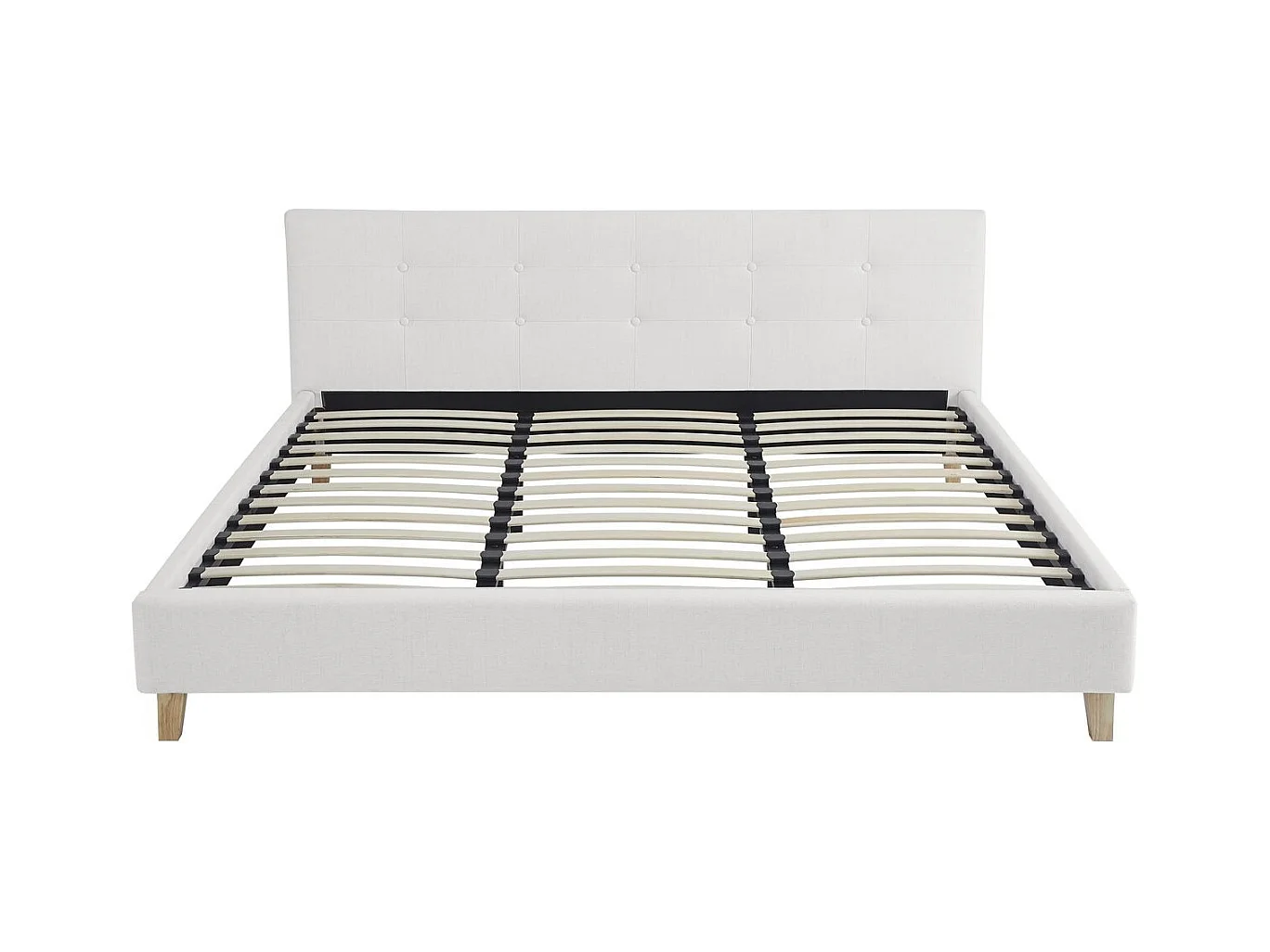 Lit adulte 180x200 cm avec tête de lit capitonnée en tissu beige - Milo