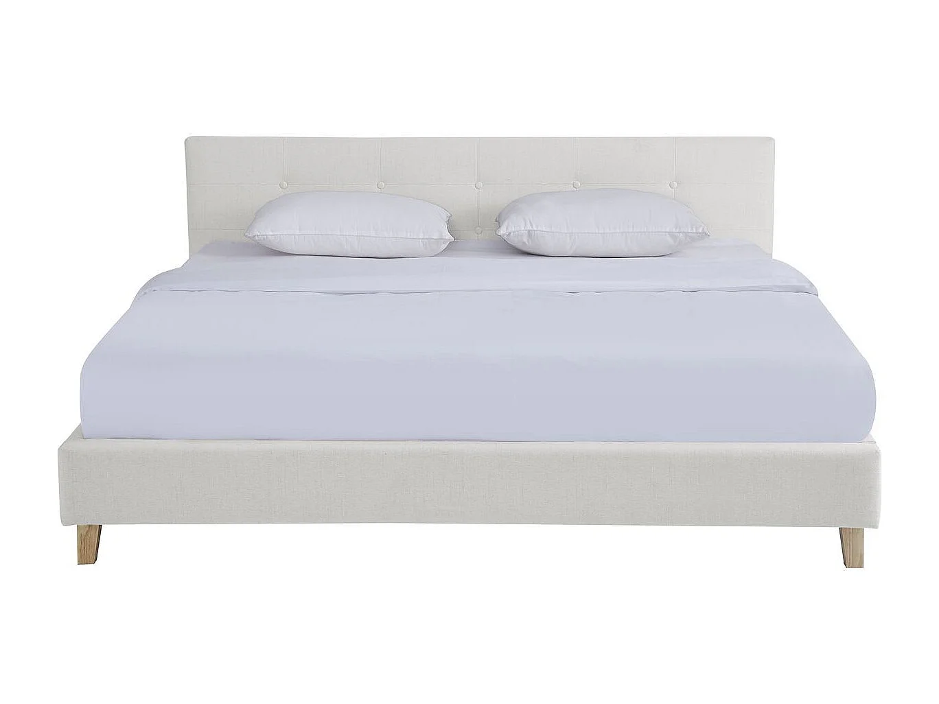 Lit adulte 180x200 cm avec tête de lit capitonnée en tissu beige - Milo