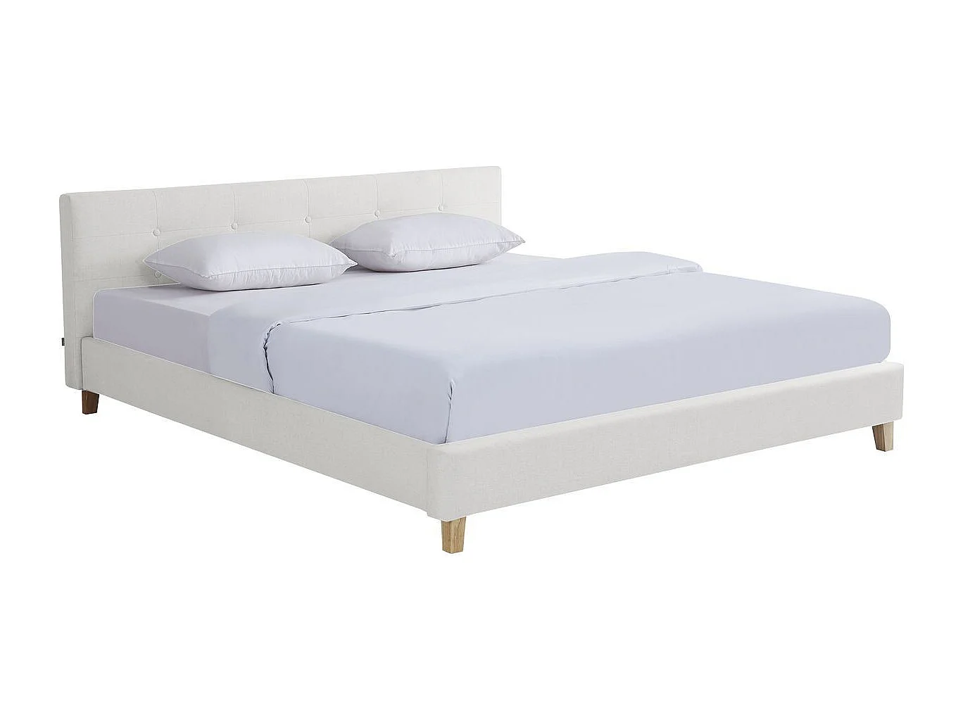 Lit adulte 180x200 cm avec tête de lit capitonnée en tissu beige - Milo