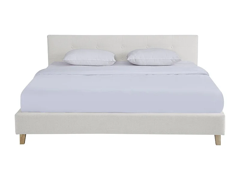 Lit adulte 180x200 cm avec tête de lit capitonnée en tissu beige - Milo